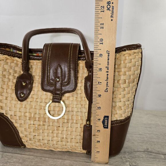 Chaps Straw Woven Shoulder Bag Purse Medium Brown Trim Charm Double Handle Rafia - Picture 6 of 9